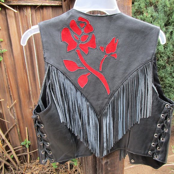 Ladies Black Leather Fringe/Rose Motorcycle Vest - Picture 2 of 4